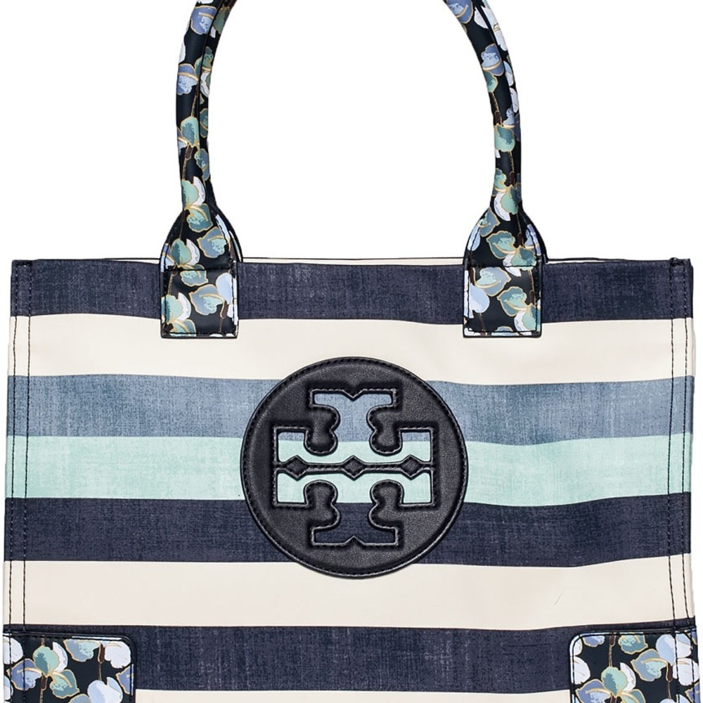 Tory Burch Navy and Mint Striped Tote